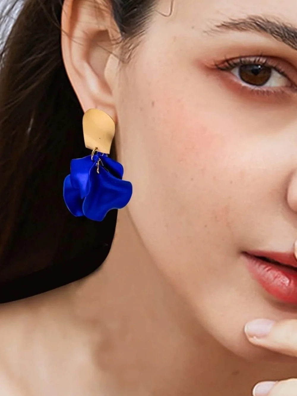 Zara Royal Blue Floral Drop Earrings with Gold Tops